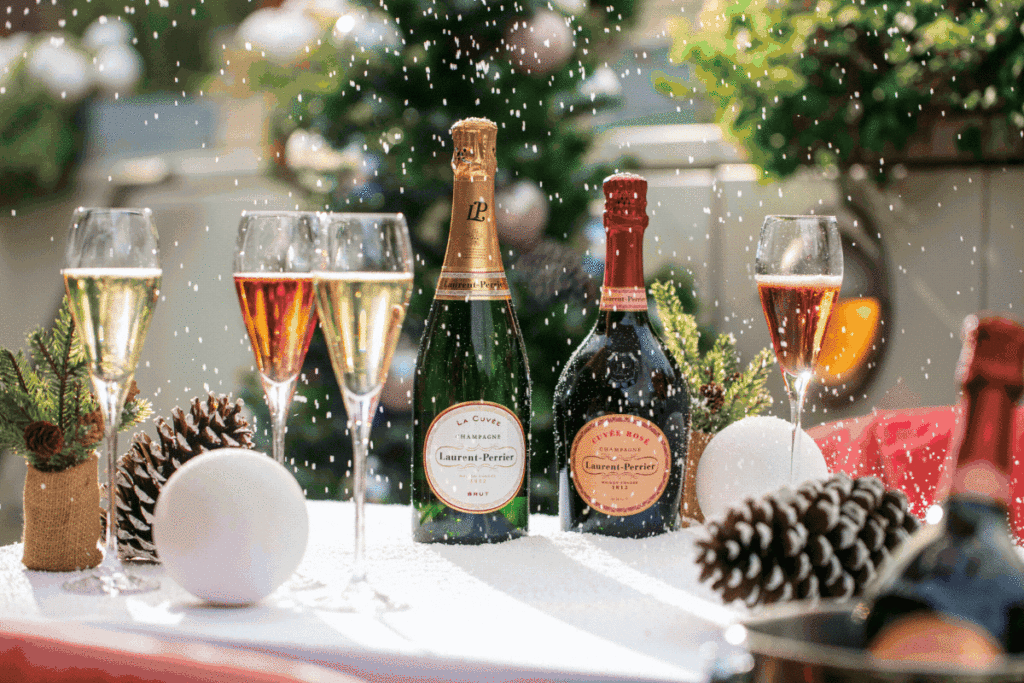 Festive scene with champagne bottles and glasses on a snowy table, surrounded by pine cones, green foliage, and white baubles, with snow falling in the background.